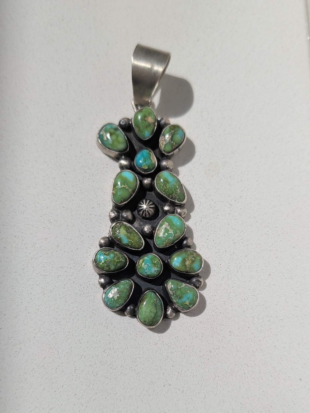 Native Made Sterling Silver Sonoran Green Turquoise Cluster Pendant